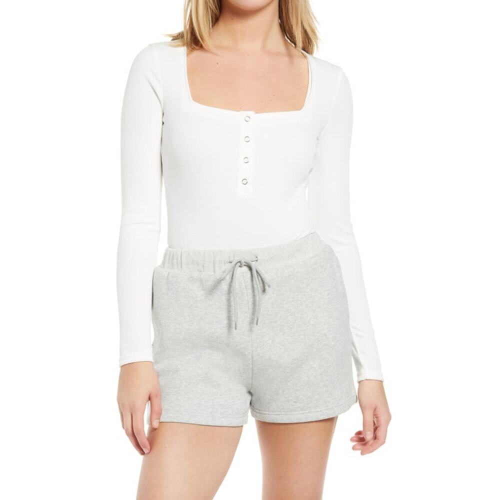 4th + Reckless Bodysuit Women's Size M Maddie Button-Up Rib Long Sleeve White